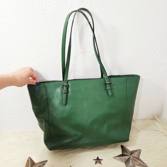 Coach Turnlock Tote Bag Emerald Green Crossgrain Leather Gunmetal Large - Picture 2 of 14